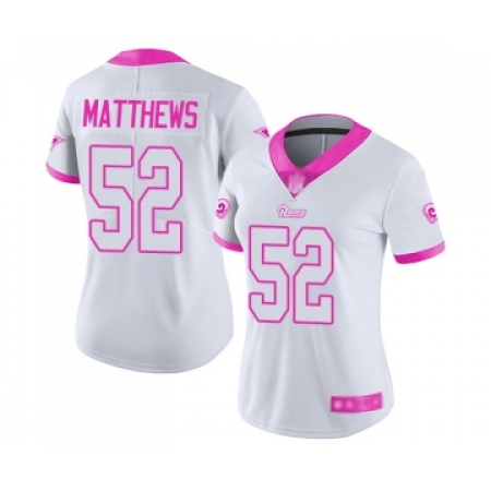 Women's Los Angeles Rams #52 Clay Matthews Limited White Pink Rush Fashion Football Jersey
