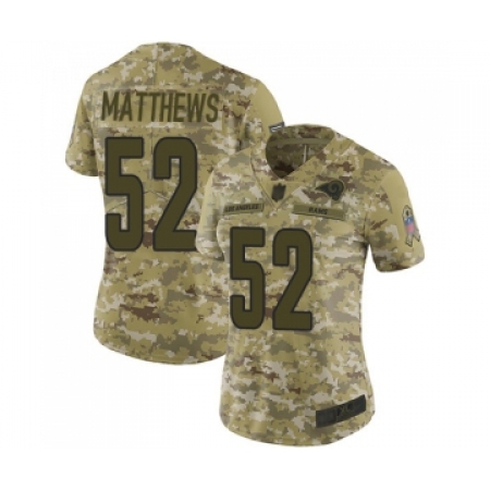 Women's Los Angeles Rams #52 Clay Matthews Limited Camo 2018 Salute to Service Football Jersey