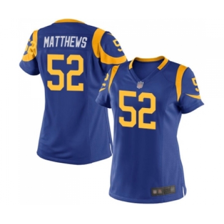 Women's Los Angeles Rams #52 Clay Matthews Game Royal Blue Alternate Football Jersey