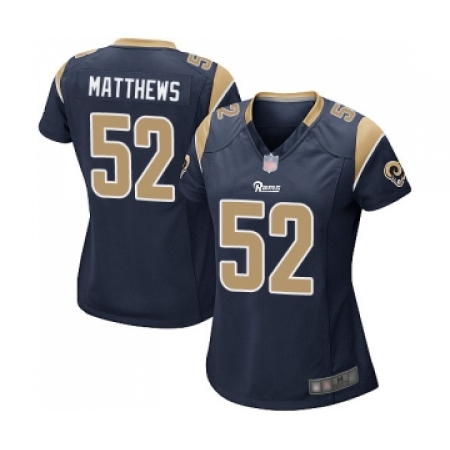 Women's Los Angeles Rams #52 Clay Matthews Game Navy Blue Team Color Football Jersey