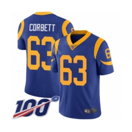 Youth Los Angeles Rams #63 Austin Corbett Royal Blue Alternate Vapor Untouchable Limited Player 100th Season Football Jersey