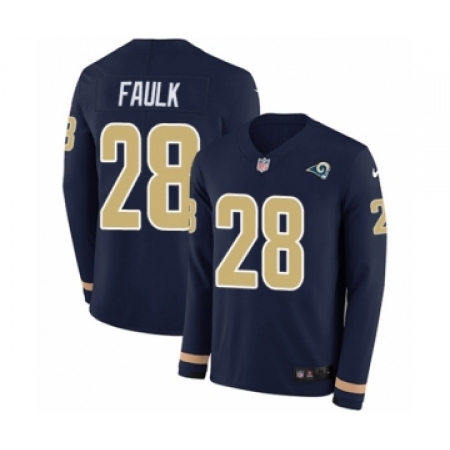 Men's Nike Los Angeles Rams #28 Marshall Faulk Limited Navy Blue Therma Long Sleeve NFL Jersey