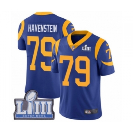 Men's Nike Los Angeles Rams #79 Rob Havenstein Royal Blue Alternate Vapor Untouchable Limited Player Super Bowl LIII Bound NFL J