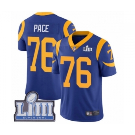 Men's Nike Los Angeles Rams #76 Orlando Pace Royal Blue Alternate Vapor Untouchable Limited Player Super Bowl LIII Bound NFL Jer