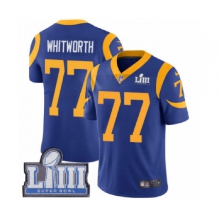 Men's Nike Los Angeles Rams #77 Andrew Whitworth Royal Blue Alternate Vapor Untouchable Limited Player Super Bowl LIII Bound NFL