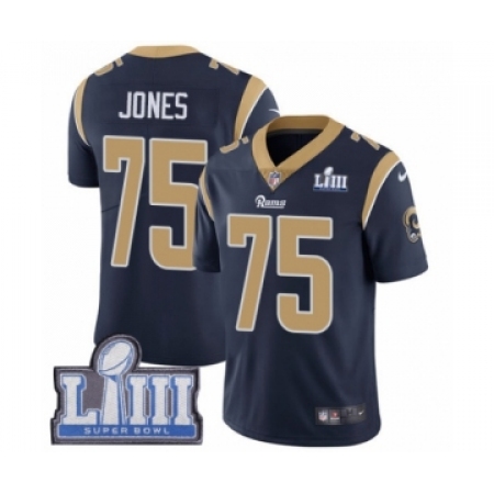 Men's Nike Los Angeles Rams #75 Deacon Jones Navy Blue Team Color Vapor Untouchable Limited Player Super Bowl LIII Bound NFL Jer