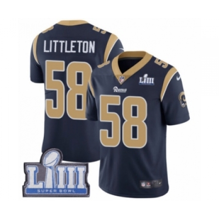 Men's Nike Los Angeles Rams #58 Cory Littleton Navy Blue Team Color Vapor Untouchable Limited Player Super Bowl LIII Bound NFL J