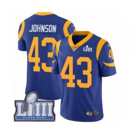 Men's Nike Los Angeles Rams #43 John Johnson Royal Blue Alternate Vapor Untouchable Limited Player Super Bowl LIII Bound NFL Jer