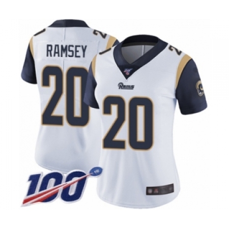 Women's Los Angeles Rams #20 Jalen Ramsey White Vapor Untouchable Limited Player 100th Season Football Jersey