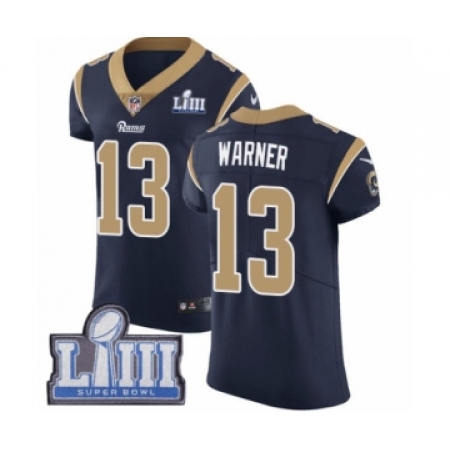 Men's Nike Los Angeles Rams #13 Kurt Warner Navy Blue Team Color Vapor Untouchable Elite Player Super Bowl LIII Bound NFL Jersey