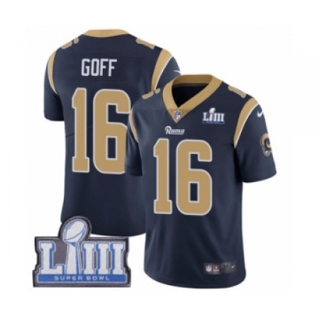 Men's Nike Los Angeles Rams #16 Jared Goff Navy Blue Team Color Vapor Untouchable Limited Player Super Bowl LIII Bound NFL Jerse