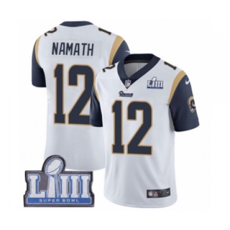 Men's Nike Los Angeles Rams #12 Joe Namath White Vapor Untouchable Limited Player Super Bowl LIII Bound NFL Jersey