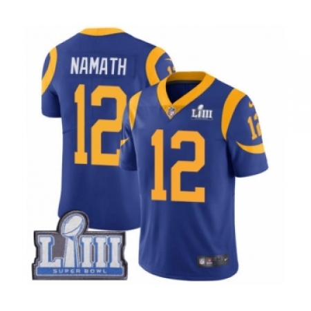 Men's Nike Los Angeles Rams #12 Joe Namath Royal Blue Alternate Vapor Untouchable Limited Player Super Bowl LIII Bound NFL Jerse