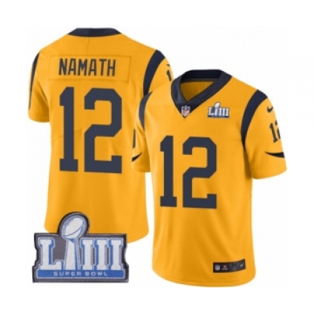 كريم جل Men's Nike Los Angeles Rams #12 Joe Namath Limited Gold Rush Vapor  Untouchable Super Bowl LIII Bound NFL Jersey Size S كريم جل