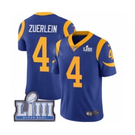 Men's Nike Los Angeles Rams #4 Greg Zuerlein Royal Blue Alternate Vapor Untouchable Limited Player Super Bowl LIII Bound NFL Jer