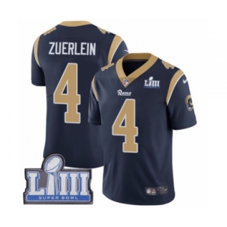 Men's Nike Los Angeles Rams #4 Greg Zuerlein Navy Blue Team Color Vapor Untouchable Limited Player Super Bowl LIII Bound NFL Jer