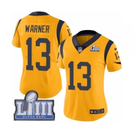Women's Nike Los Angeles Rams #13 Kurt Warner Limited Gold Rush Vapor Untouchable Super Bowl LIII Bound NFL Jersey