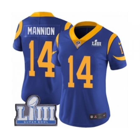 Women's Nike Los Angeles Rams #14 Sean Mannion Royal Blue Alternate Vapor Untouchable Limited Player Super Bowl LIII Bound NFL J