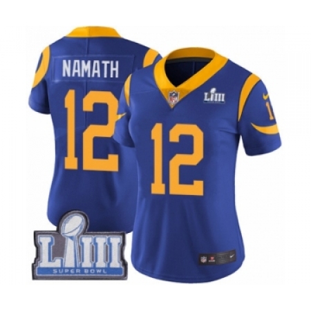 Women's Nike Los Angeles Rams #12 Joe Namath Royal Blue Alternate Vapor Untouchable Limited Player Super Bowl LIII Bound NFL Jer