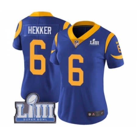 Women's Nike Los Angeles Rams #6 Johnny Hekker Royal Blue Alternate Vapor Untouchable Limited Player Super Bowl LIII Bound NFL J