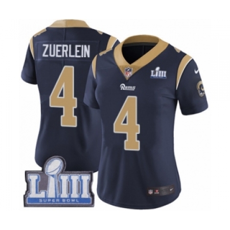 Women's Nike Los Angeles Rams #4 Greg Zuerlein Navy Blue Team Color Vapor Untouchable Limited Player Super Bowl LIII Bound NFL J