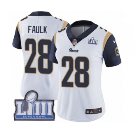 Women's Nike Los Angeles Rams #28 Marshall Faulk White Vapor Untouchable Limited Player Super Bowl LIII Bound NFL Jersey