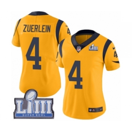 Women's Nike Los Angeles Rams #4 Greg Zuerlein Limited Gold Rush Vapor Untouchable Super Bowl LIII Bound NFL Jersey