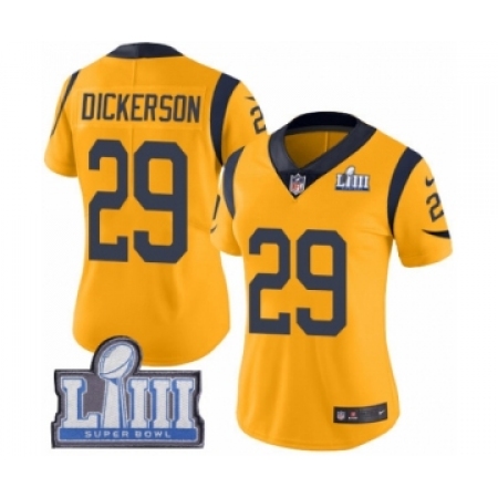 Women's Nike Los Angeles Rams #29 Eric Dickerson Limited Gold Rush Vapor Untouchable Super Bowl LIII Bound NFL Jersey