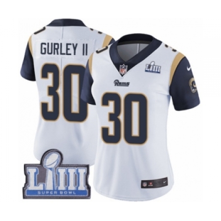 Women's Nike Los Angeles Rams #30 Todd Gurley White Vapor Untouchable Limited Player Super Bowl LIII Bound NFL Jersey