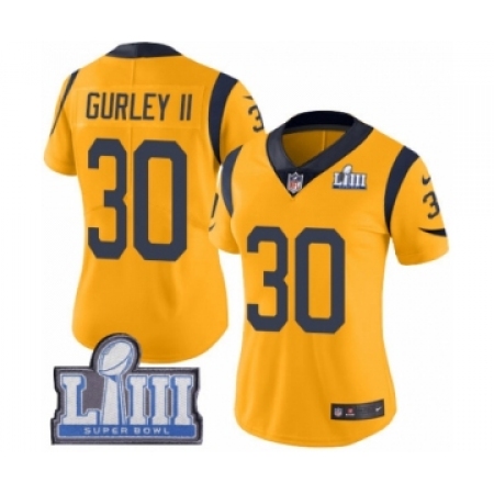Women's Nike Los Angeles Rams #30 Todd Gurley Limited Gold Rush Vapor Untouchable Super Bowl LIII Bound NFL Jersey