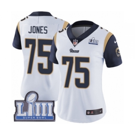 Women's Nike Los Angeles Rams #75 Deacon Jones White Vapor Untouchable Limited Player Super Bowl LIII Bound NFL Jersey