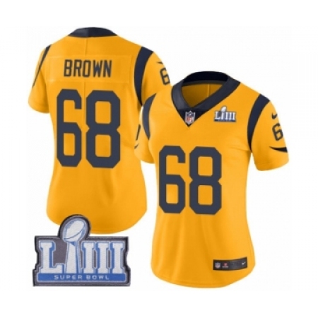 Women's Nike Los Angeles Rams #68 Jamon Brown Limited Gold Rush Vapor Untouchable Super Bowl LIII Bound NFL Jersey