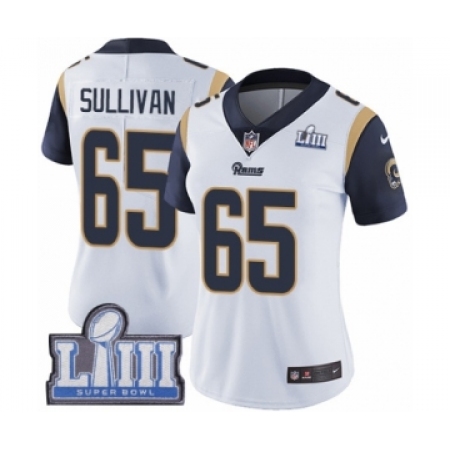 Women's Nike Los Angeles Rams #65 John Sullivan White Vapor Untouchable Limited Player Super Bowl LIII Bound NFL Jersey