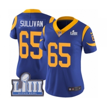 Women's Nike Los Angeles Rams #65 John Sullivan Royal Blue Alternate Vapor Untouchable Limited Player Super Bowl LIII Bound NFL 