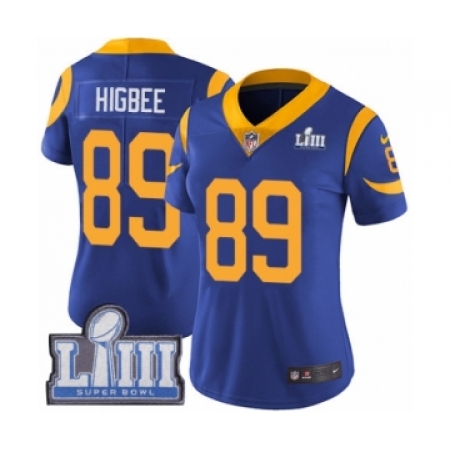 Women's Nike Los Angeles Rams #89 Tyler Higbee Royal Blue Alternate Vapor Untouchable Limited Player Super Bowl LIII Bound NFL J