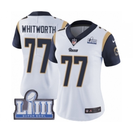 Women's Nike Los Angeles Rams #77 Andrew Whitworth White Vapor Untouchable Limited Player Super Bowl LIII Bound NFL Jersey
