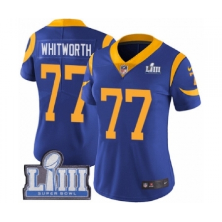 Women's Nike Los Angeles Rams #77 Andrew Whitworth Royal Blue Alternate Vapor Untouchable Limited Player Super Bowl LIII Bound N