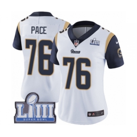 Women's Nike Los Angeles Rams #76 Orlando Pace White Vapor Untouchable Limited Player Super Bowl LIII Bound NFL Jersey
