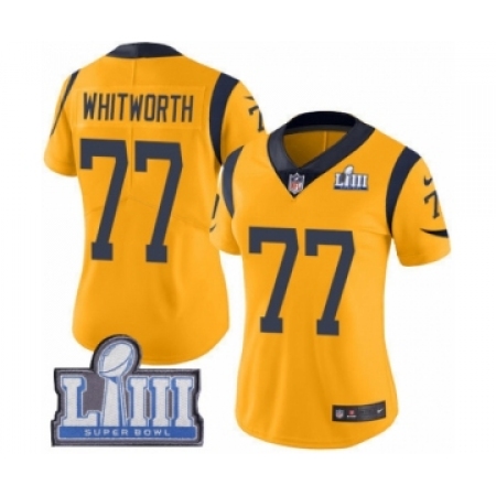 Women's Nike Los Angeles Rams #77 Andrew Whitworth Limited Gold Rush Vapor Untouchable Super Bowl LIII Bound NFL Jersey