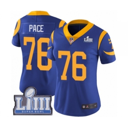 Women's Nike Los Angeles Rams #76 Orlando Pace Royal Blue Alternate Vapor Untouchable Limited Player Super Bowl LIII Bound NFL J