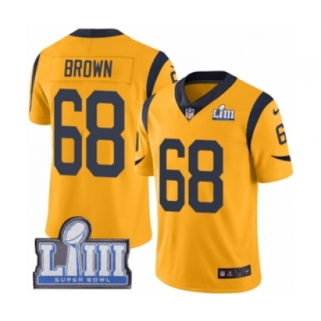 Youth Nike Los Angeles Rams #68 Jamon Brown Limited Gold Rush Vapor Untouchable Super Bowl LIII Bound NFL Jersey