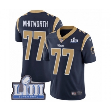 Youth Nike Los Angeles Rams #77 Andrew Whitworth Navy Blue Team Color Vapor Untouchable Limited Player Super Bowl LIII Bound NFL