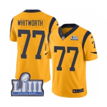 جل التسنين #77 Limited Andrew Whitworth Gold Nike NFL Women's Jersey Los Angeles Rams Rush Vapor Untouchable Super Bowl LIII Bound لاشي