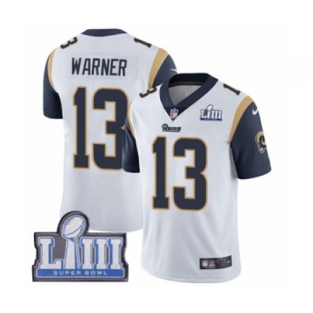Men's Nike Los Angeles Rams #13 Kurt Warner White Vapor Untouchable Limited Player Super Bowl LIII Bound NFL Jersey