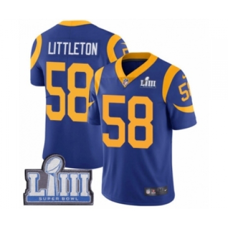 Men's Nike Los Angeles Rams #58 Cory Littleton Royal Blue Alternate Vapor Untouchable Limited Player Super Bowl LIII Bound NFL J