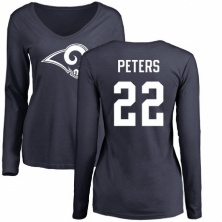 NFL Women's Nike Los Angeles Rams #22 Marcus Peters Navy Blue Name & Number Logo Slim Fit Long Sleeve T-Shirt