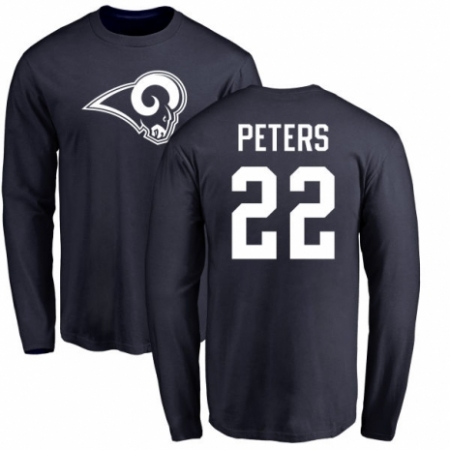 NFL Nike Los Angeles Rams #22 Marcus Peters Navy Blue Name & Number Logo Long Sleeve T-Shirt