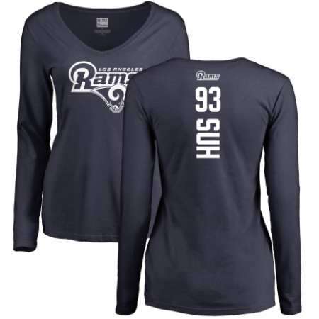 NFL Women's Nike Los Angeles Rams #93 Ndamukong Suh Navy Blue Backer Slim Fit Long Sleeve T-Shirt