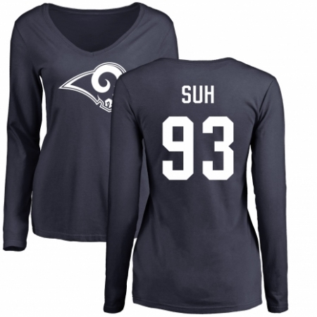 NFL Women's Nike Los Angeles Rams #93 Ndamukong Suh Navy Blue Name & Number Logo Slim Fit Long Sleeve T-Shirt