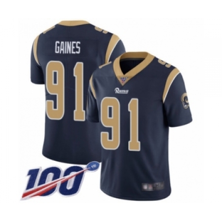 Men's Los Angeles Rams #91 Greg Gaines Navy Blue Team Color Vapor Untouchable Limited Player 100th Season Football Jersey